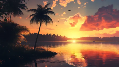 Tropical shoreline with palm silhouettes at sunset over water.