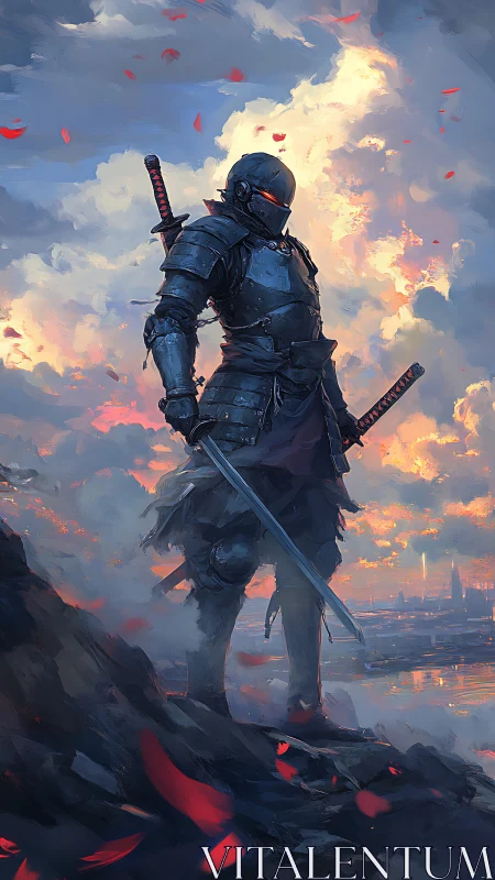 Armored cybernetic samurai silhouetted against incendiary dusk sky