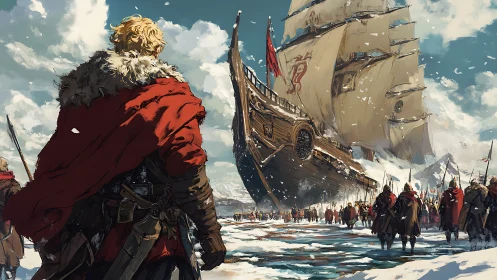 Epic digital painting of Viking armada departure in snowstorm.