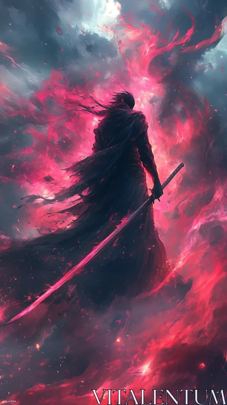 Lone sword warrior stands in swirling scarlet cosmic storm