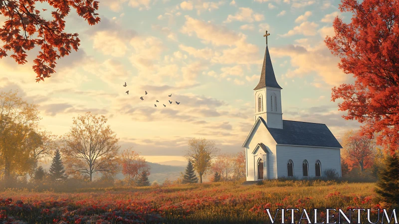 Country chapel amid glowing autumn meadow and sunrise sky.