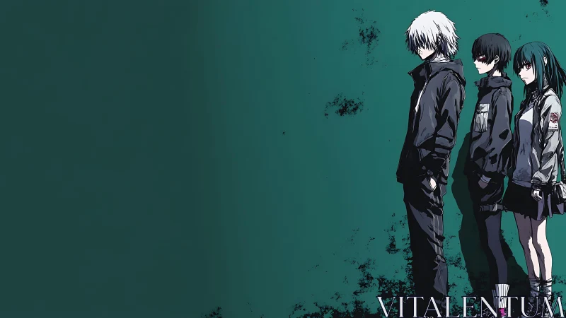 Brooding anime trio stands together in a moody green silence