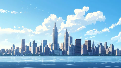 Sunlit modern city skyline reflects calmly across blue water
