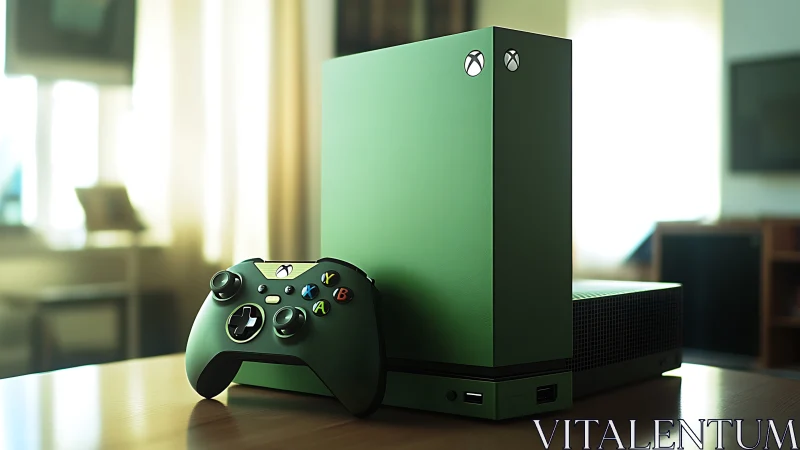Emerald Gaming Console Meets Controller in Sunlit Room.