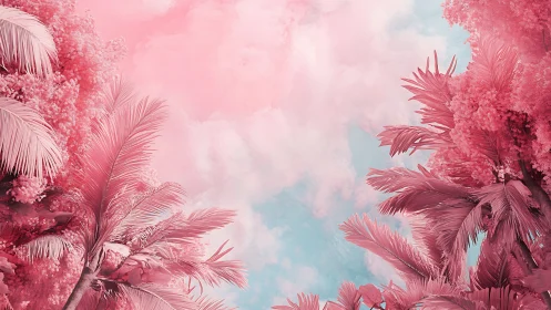 Pink-toned palm foliage framing cloudy daytime sky.
