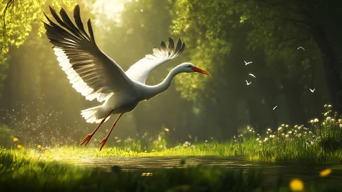 Elegant white stork taking flight over sunlit forest pond, photorealistic style.