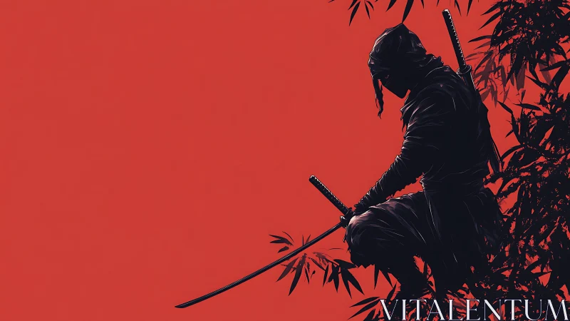 Stealthy ninja silhouette with katana on red backdrop.