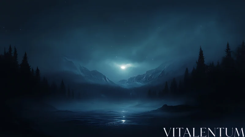 Midnight mountain lake under cold ethereal moonlight.