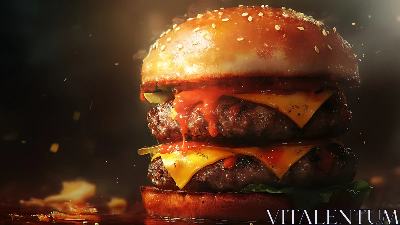 Double-stacked gourmet cheeseburger drips with melted sauce.