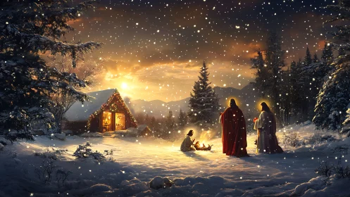 Midwinter nativity glows beside a lantern lit forest cabin.