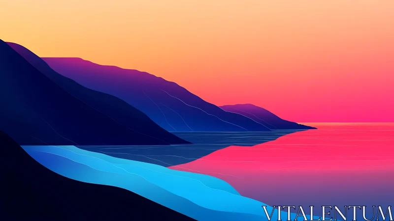 Neon dusk cascades over folded coastal dreams in color.