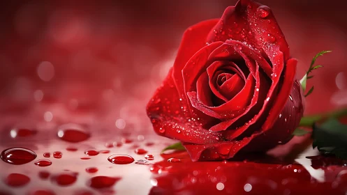 Ruby Rose with Dewdrops in Soft Light.