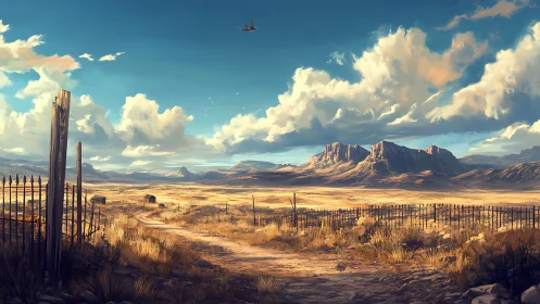 Sparse desert plain with distant mesas and fenced track.