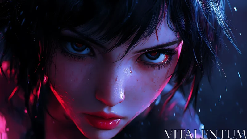 Cyberpunk close-up portrait with neon rim lighting focus.