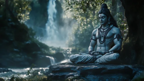 Digital render depicts seated figure meditating by waterfall