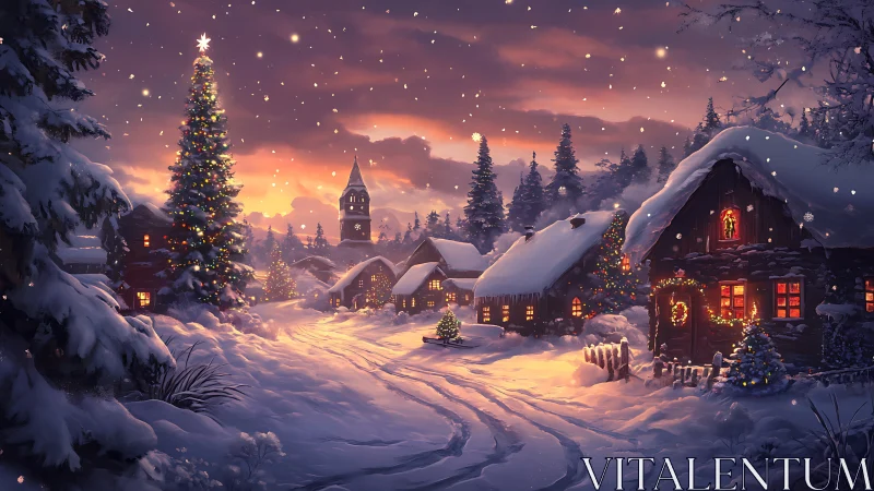 Snowlit Christmas village under glowing twilight sky.