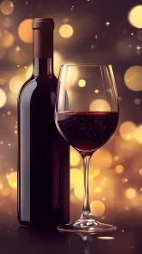 Red wine bottle and glass on warm glowing bokeh background.