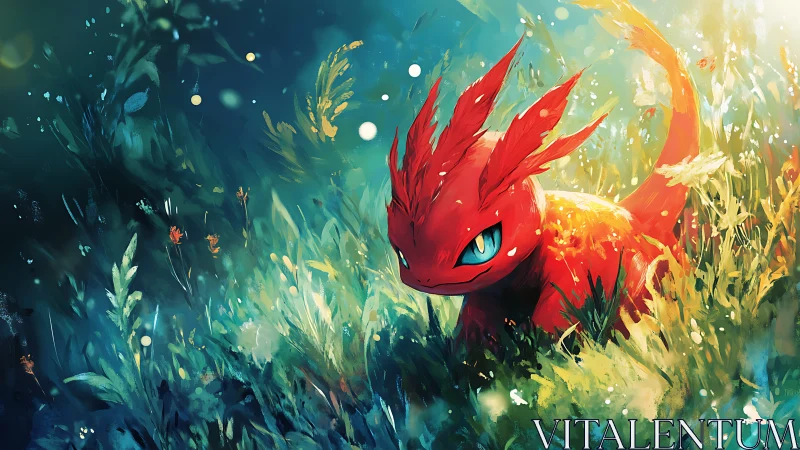 Crimson creature prowls glowing meadow under diffuse light