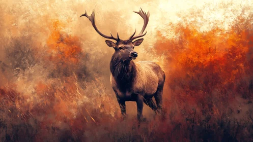 Majestic stag digital painting in glowing autumn field.