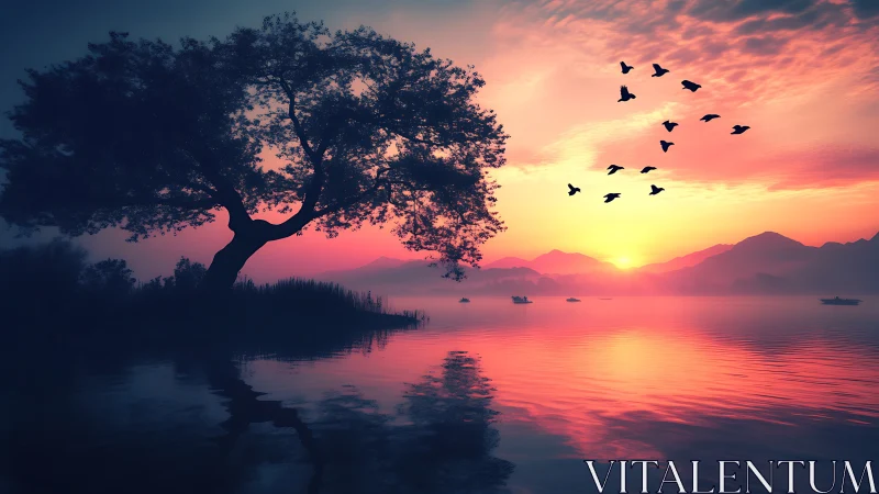 Lone lakeside tree silhouettes fiery magenta sunset sky.