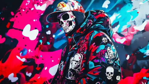 Skull masked figure in vivid streetwear against neon chaos.