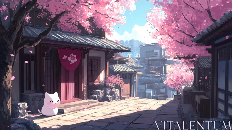 Anime streetscape under cherry blossoms with mascot character.