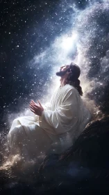 Figure in white robe seated under dense star field at night.