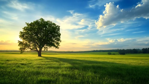 Lone oak dominating sunlit meadow under vivid sky.