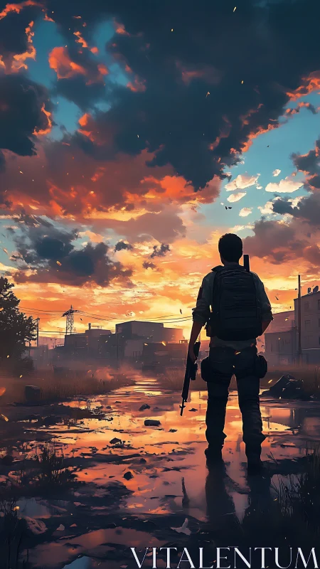 Armed survivor stands in flooded urban ruins at sunset.