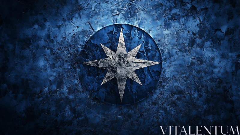 Grunge Textured Compass Rose on Blue Abstract Background.