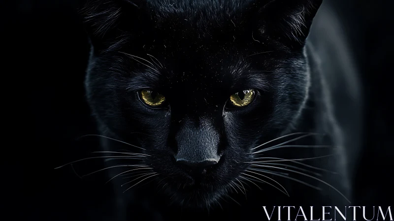 Mysterious black cat with glowing golden eyes at night.