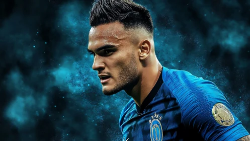 Focused footballer portrait against electric blue nebula background
