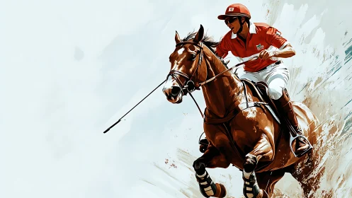 Dynamic polo rider on galloping horse rendered in digital brushwork