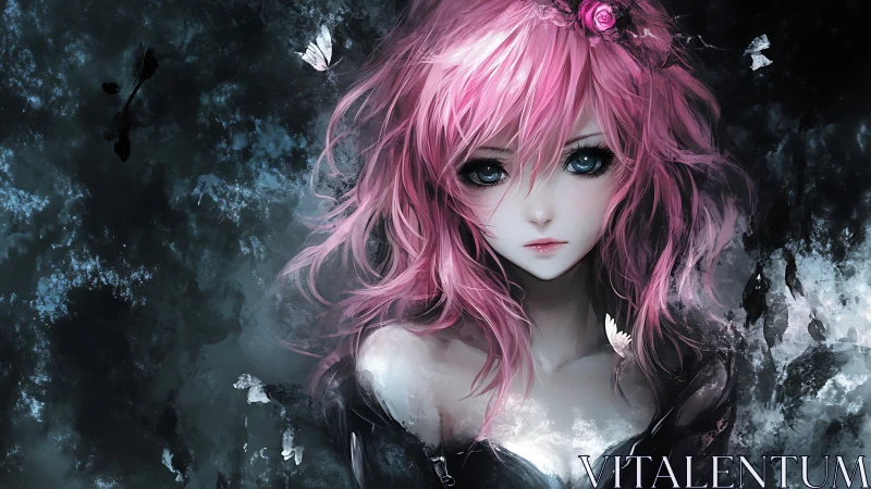 Pink haired anime girl with butterflies on dark abstract background.