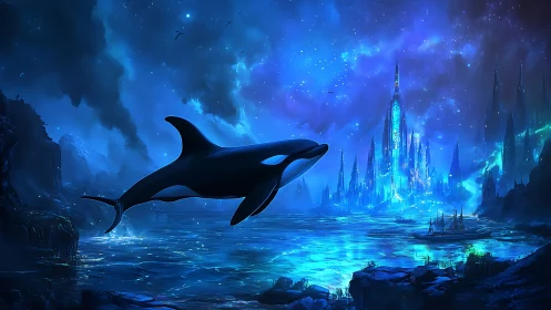 Bioluminescent orca over luminescent ocean and spire city
