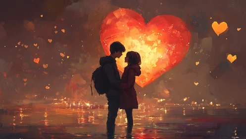 Two figures embrace under glowing heart. Romantic night scene.