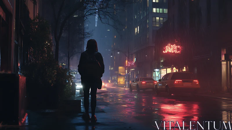 Solitary pedestrian on wet neon city street at night.