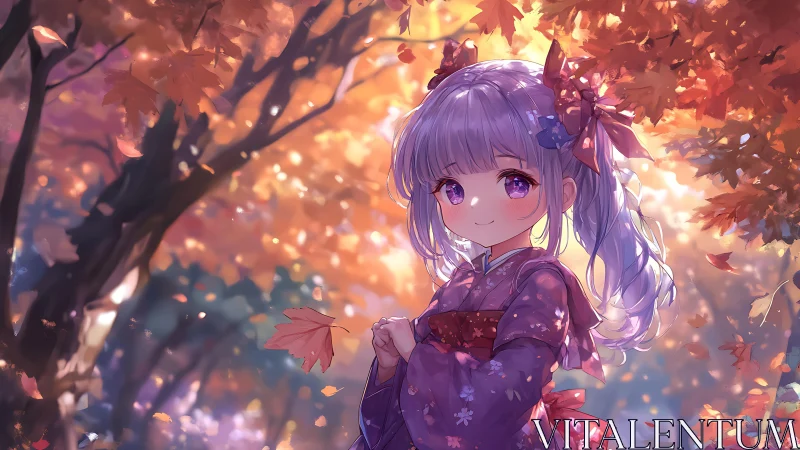 Anime girl in kimono stands under glowing autumn canopy