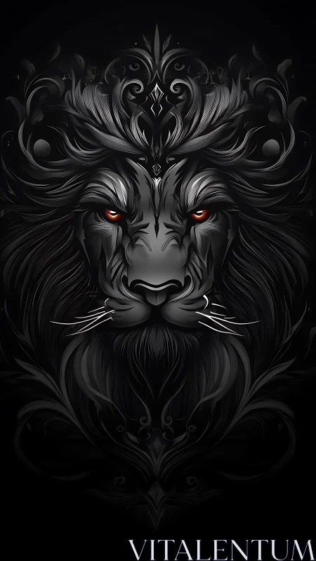 Ornate black lion portrait with glowing red eyes.
