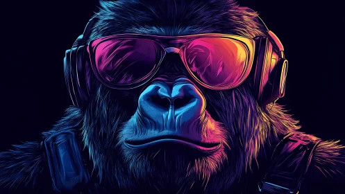 Neon-lit gorilla in reflective shades stares with cool intensity.