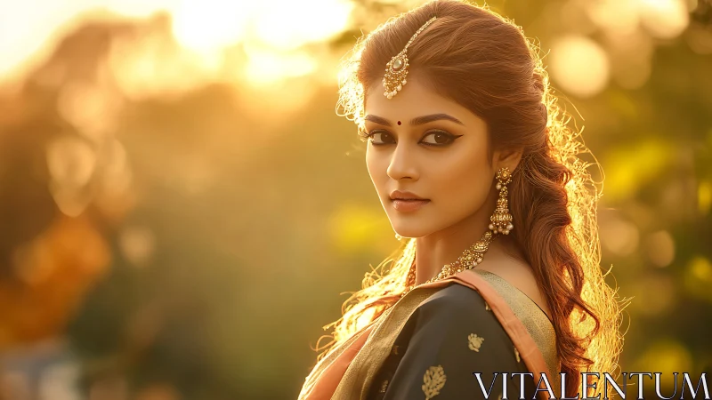 Golden hour portrait of woman in traditional Indian attire