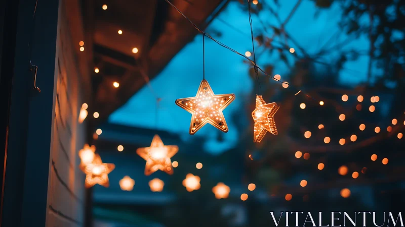 Glowing star string lights softly warm a blue evening sky