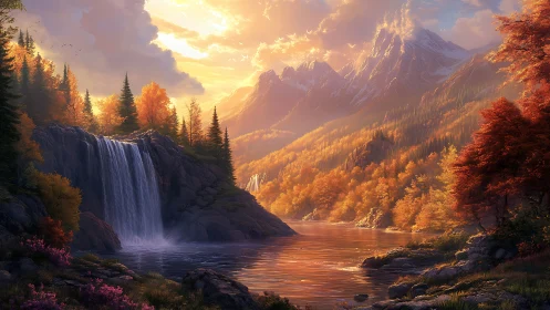 Sunlit waterfall valley wrapped in melting autumn golds.