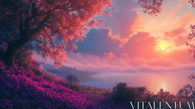 Sunset over lake with flowering hillside and trees.