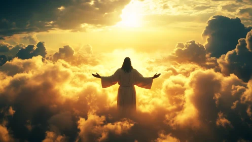 Robe-clad figure standing amid dense clouds at sunrise sky.