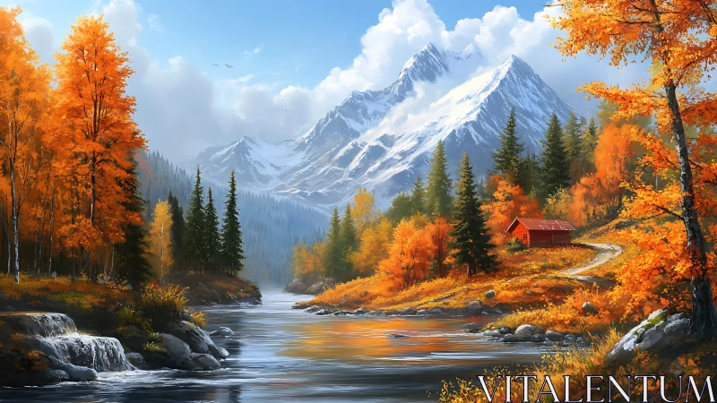 Mountain river and autumn forest with red cabin landscape.