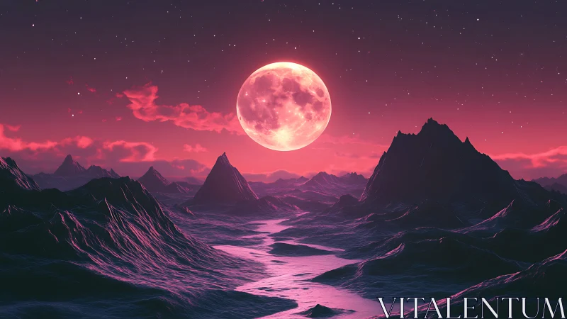 Crimson alien seascape under rising full moon glow.