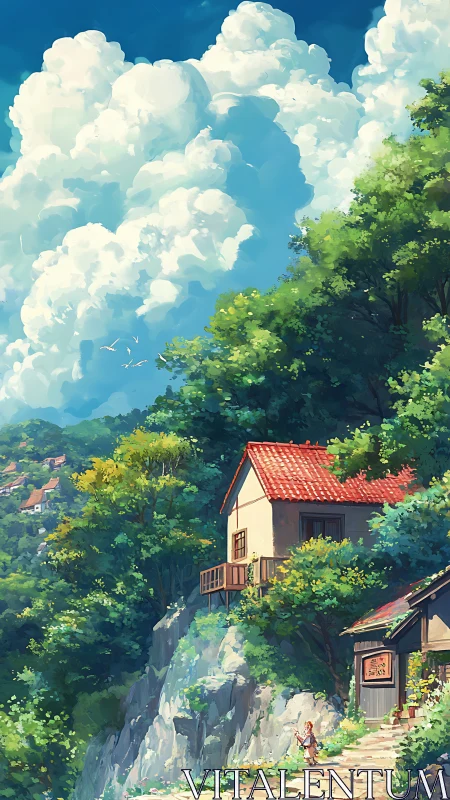Sunlit cliffside house under towering cumulus clouds in anime style