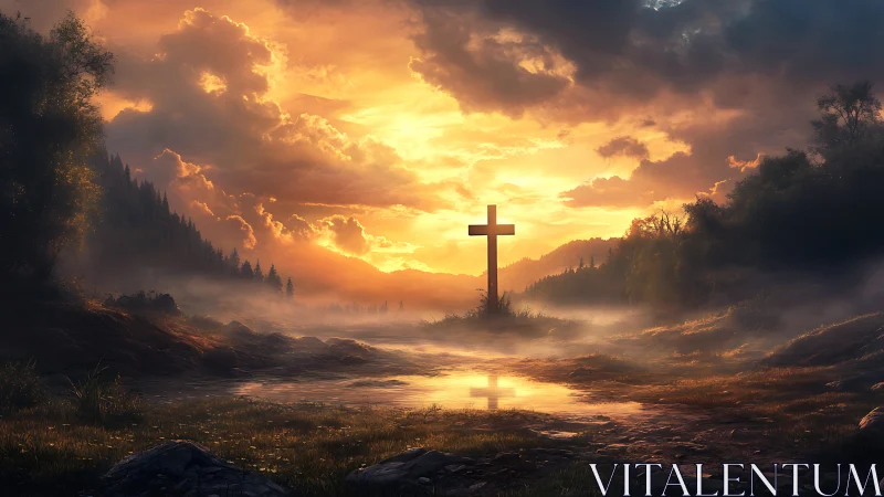 Sunlit valley cross mirrored in misty river glow at dawn.