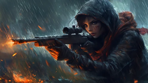 Hooded female sniper aiming rifle in heavy rainstorm.
